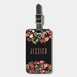 Colourful Retro Flowers With Black Stripes Luggage Tag