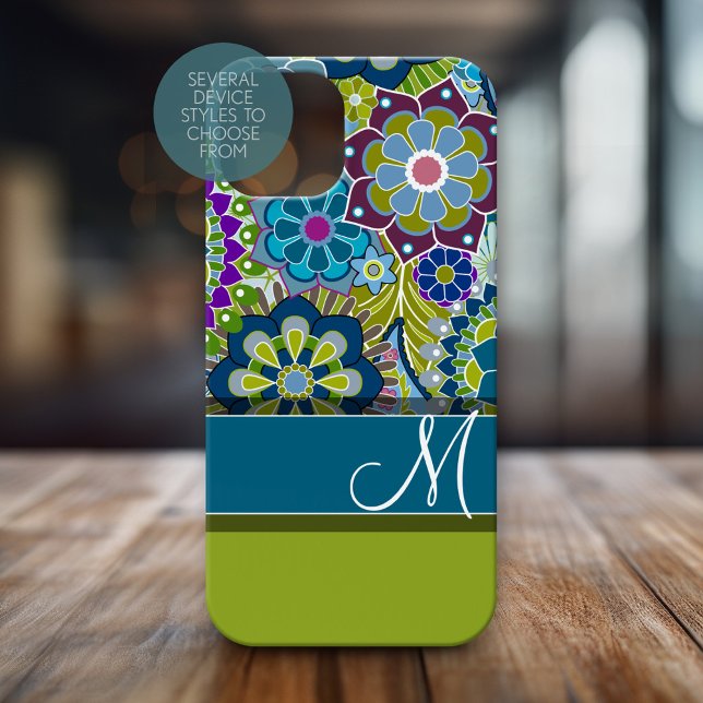 Colourful Retro Flowers with Monogram Case-Mate iPhone Case (Personalized Phone Case with Huge Monogram)