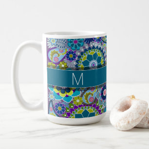 Colourful Retro Flowers with Monogram Coffee Mug