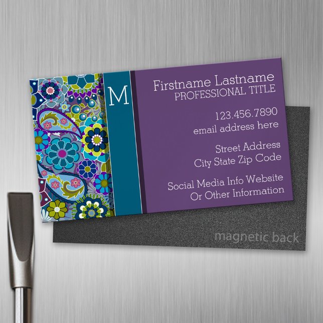 Colourful Retro Flowers with Monogram Magnetic Business Card (Custom Business Card Magnet)