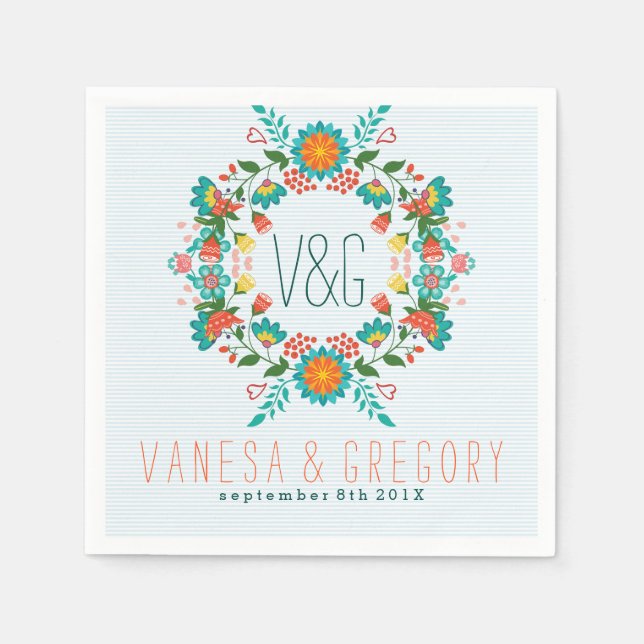 Colourful Retro Flowers Wreath Napkin (Front)