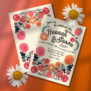 Colourful Retro Folk Art Floral Wedding Invitation
