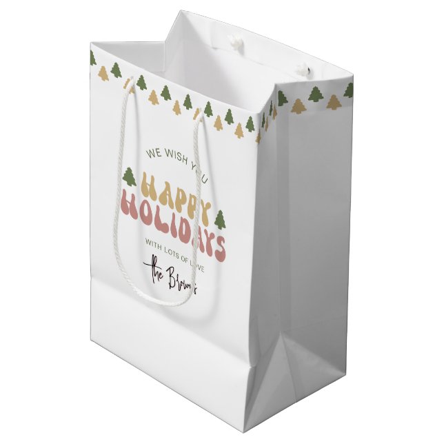 Colourful Retro Fun Name Happy Holidays Christmas Medium Gift Bag (Front Angled)