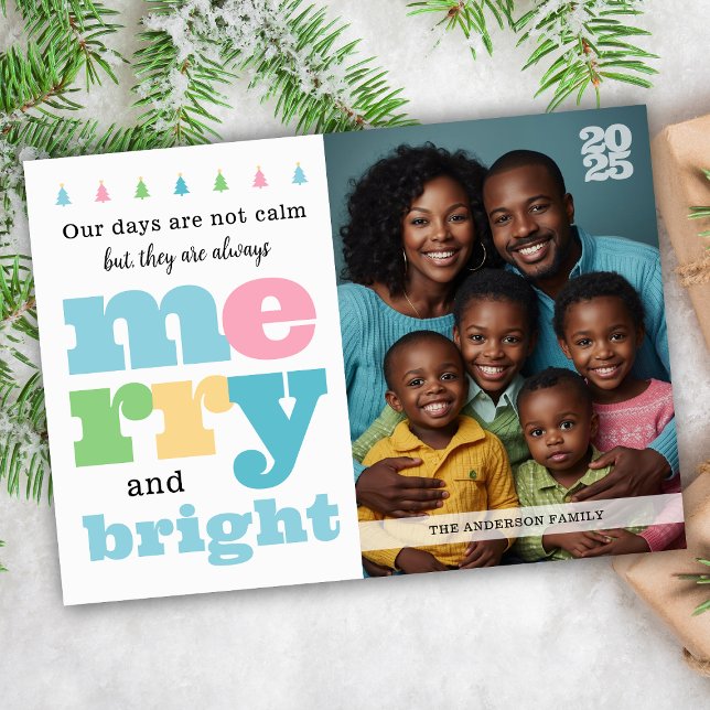 Colourful Retro Funny Merry and Bright Large Famil Holiday Card (fun colorful retro merry and bright christmas card for big family photo or crying kids picture)