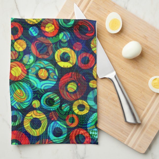 Colourful Retro Geometri Circles Random Pattern Tea Towel (Quarter Fold)