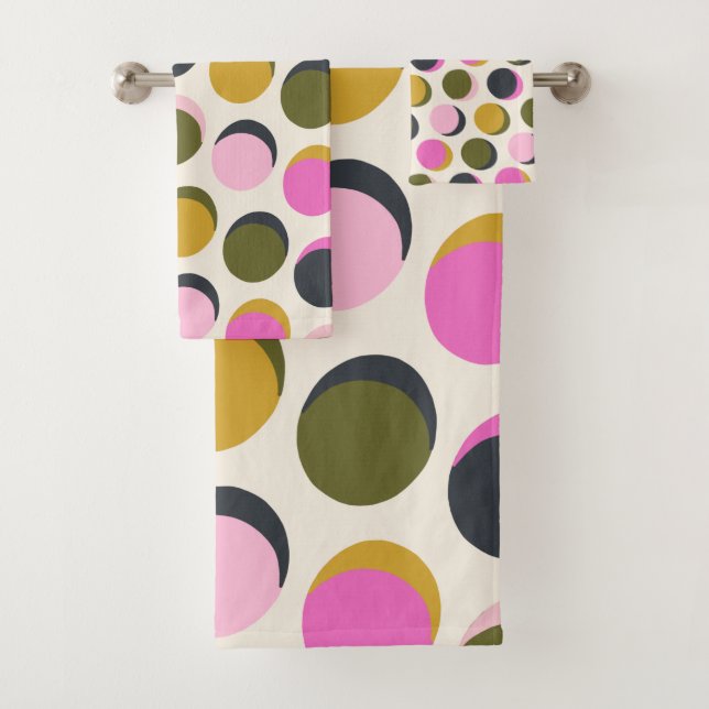 Colourful Retro Geometric Dots Pattern Green Pink  Bath Towel Set (Insitu)