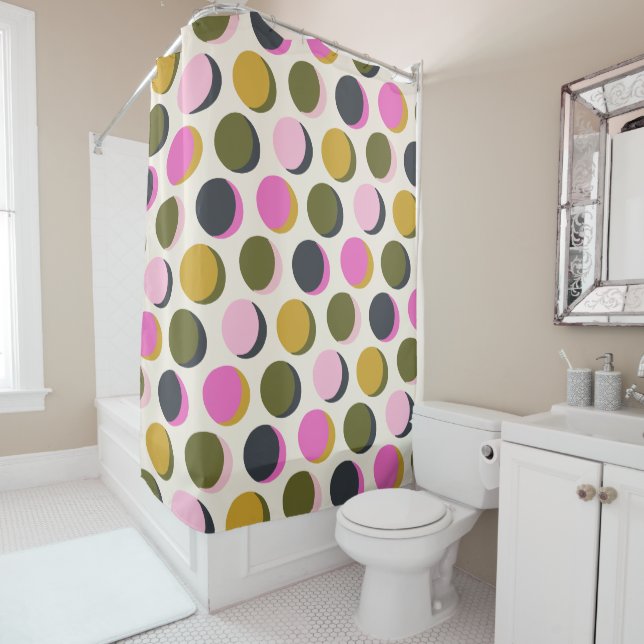 Colourful Retro Geometric Dots Pattern Green Pink  Shower Curtain (In Situ)