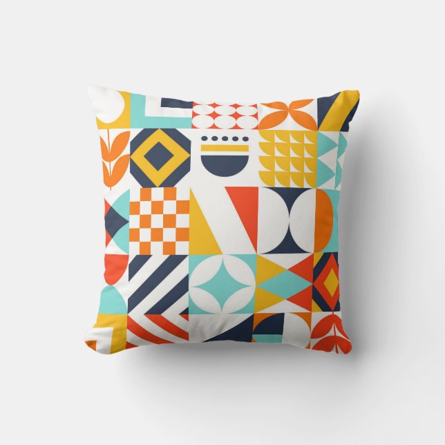 Colourful Retro Geometric Pattern Cushion (Front)