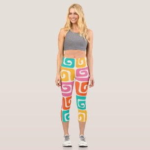 Colourful Retro Geometric Swirls and Bold Vintage Capri Leggings