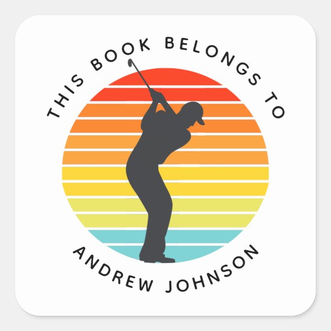 Colourful Retro Golfer Silhouette Name Bookplate Square Sticker (Front)