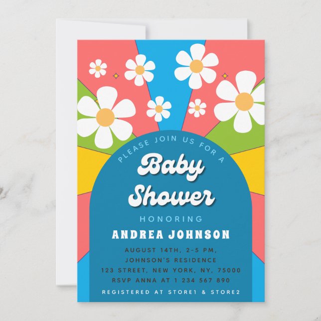 Colourful Retro Groovy Daisy Floral Baby Shower 70 Invitation (Front)