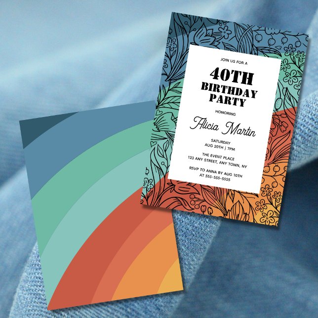 Colourful Retro Groovy Rainbow Floral 40th Birthda Invitation (Creator Uploaded)