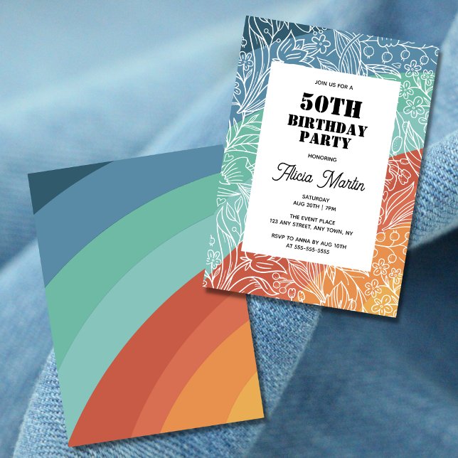 Colourful Retro Groovy Rainbow Floral 50th Birthda Invitation (Creator Uploaded)