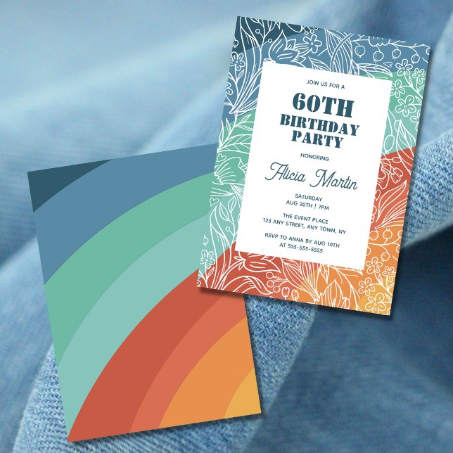 Colourful Retro Groovy Rainbow Floral 60th Birthda Invitation (Creator Uploaded)