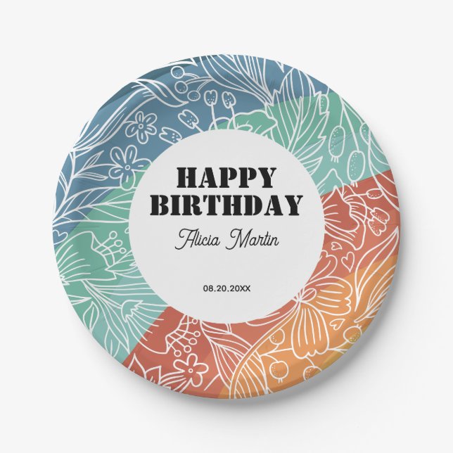 Colourful Retro Groovy Rainbow Floral Birthday Paper Plate (Front)