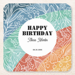 Colourful Retro Groovy Rainbow Floral Birthday Square Paper Coaster
