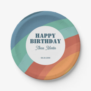 Colourful Retro Groovy Rainbow Happy Birthday Paper Plate