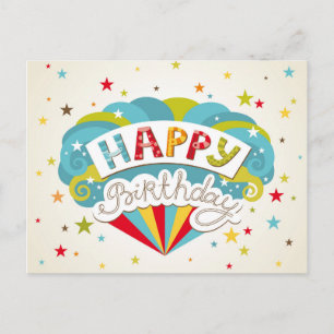 Colourful Retro Happy Birthday Stars Postcard