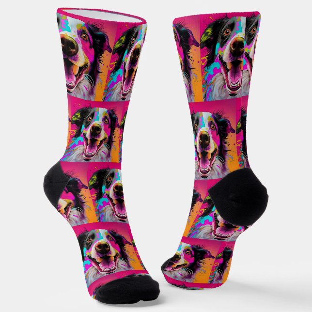 Colourful Retro Happy Dog Socks   (Angled)
