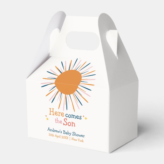Colourful Retro Here Comes The Son Baby Shower  Favour Box (Front Side)