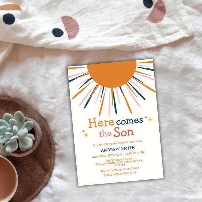 Colourful Retro Here Comes The Son Baby Shower  Invitation (Colorful Retro Here Comes The Son Baby Shower Invitation)
