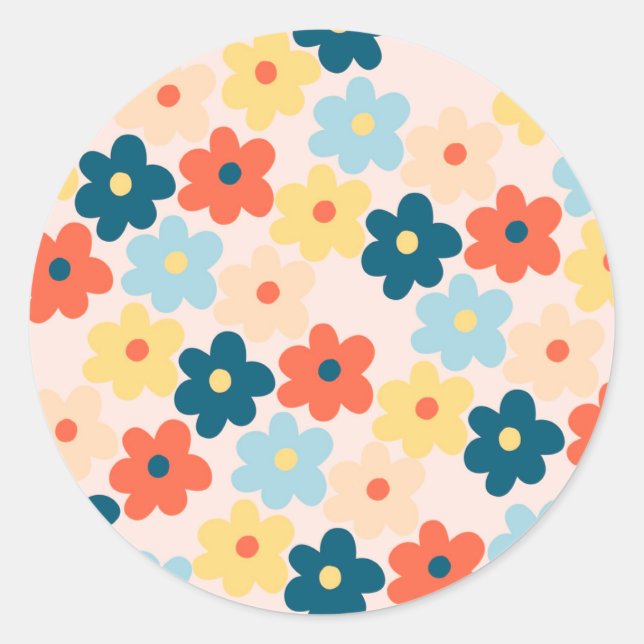 Colourful Retro Hippie Flower Pattern Classic Round Sticker (Front)
