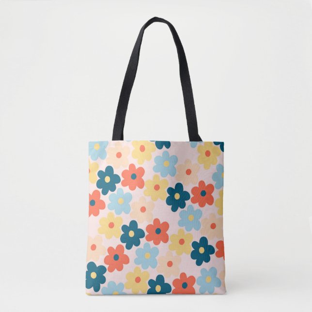 Colourful Retro Hippie Flower Pattern Tote Bag (Front)