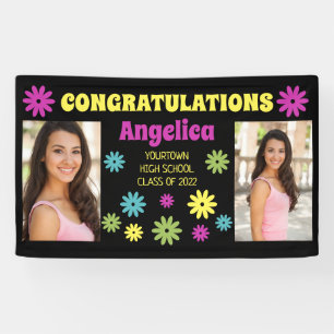 Colourful Retro Hippie Flowers 2 Photo Graduation  Banner