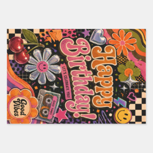 Colourful Retro-Inspired Design with Typography Wrapping Paper Sheet