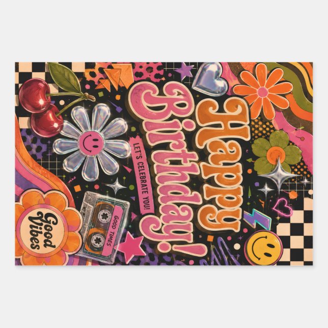 Colourful Retro-Inspired Design with Typography Wrapping Paper Sheet (Front)