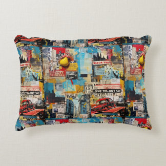 Colourful retro junk travel grunge style collage  decorative cushion