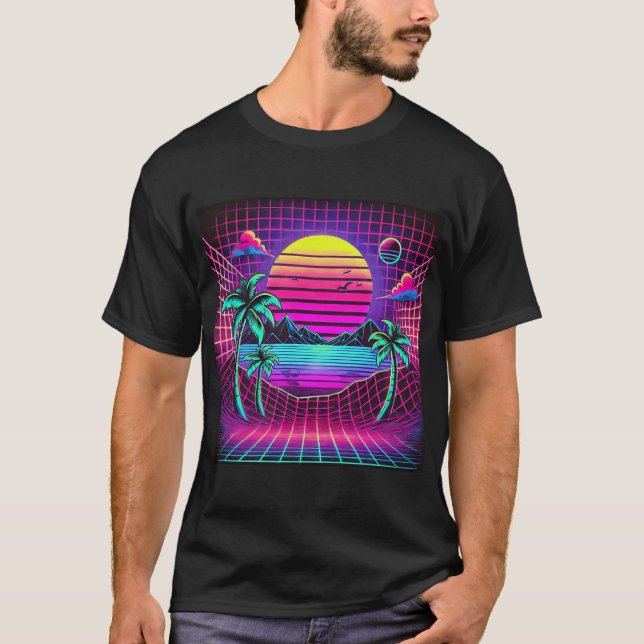 Colourful retro landscape with palm trees  T-Shirt (Front)