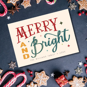 Colourful Retro Merry and Bright Christmas Holiday Card