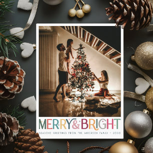 Colourful Retro Merry and Bright Cute Stars Holida Card