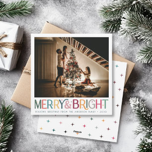 Colourful Retro Merry and Bright Cute Stars Holiday Card