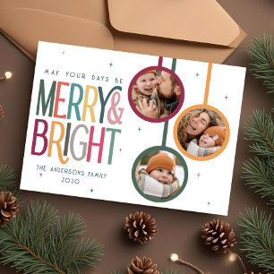 Colourful Retro Merry and Bright Photo Cute Stars Holiday Card