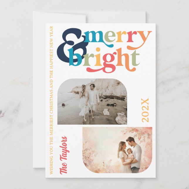 Colourful Retro Merry & Bright Christmas 2 Photos Holiday Card (Front)