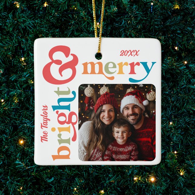 Colourful Retro Merry & Bright Christmas Photo Ceramic Ornament (Creator Uploaded)