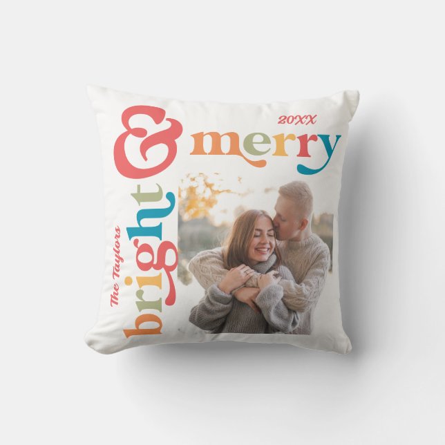 Colourful Retro Merry & Bright Christmas Photo Cushion (Front)