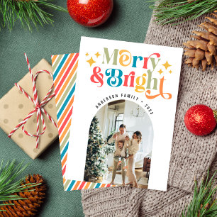 Colourful Retro Merry & Bright Christmas Photo Holiday Card