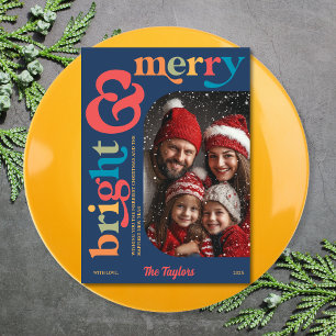 Colourful Retro Merry & Bright Christmas Photo Holiday Card