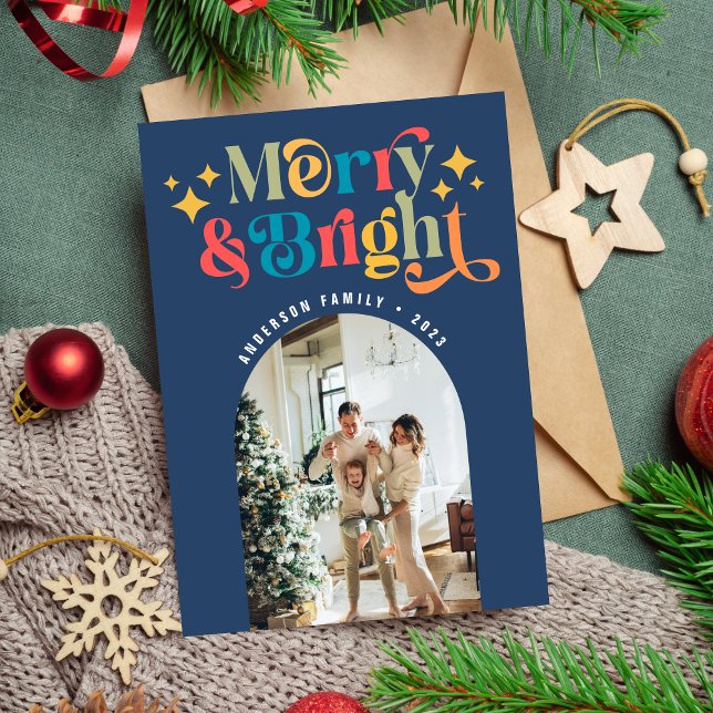 Colourful Retro Merry & Bright Christmas Photo Holiday Card (Creator Uploaded)