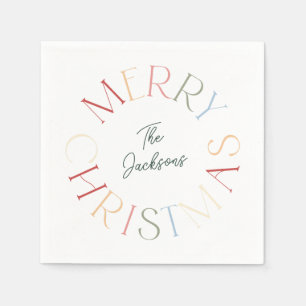 Colourful Retro Merry Christmas Family Name Napkin