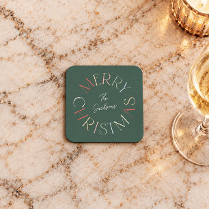 Colourful Retro Merry Christmas Family Name Square Paper Coaster