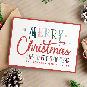 Colourful Retro Merry Christmas Vintage Typography Holiday Postcard