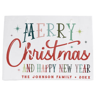 Colourful Retro Merry Christmas Vintage Typography Large Gift Bag