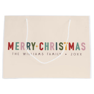 Colourful Retro Merry Christmas Vintage Typography Large Gift Bag