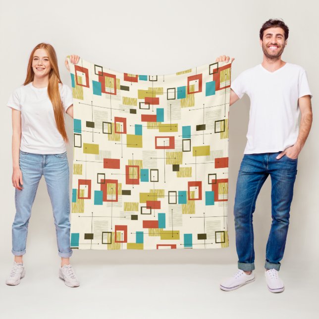 Colourful Retro Mid-Century Geometric Pattern Fleece Blanket (In Situ)