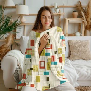 Colourful Retro Mid-Century Geometric Pattern Fleece Blanket