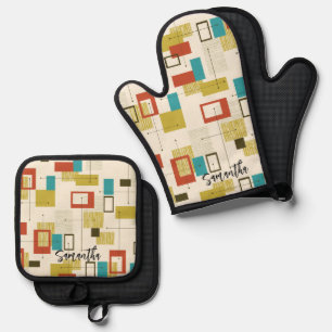 Colourful Retro Mid-Century Geometric Pattern Oven Mitt & Pot Holder Set
